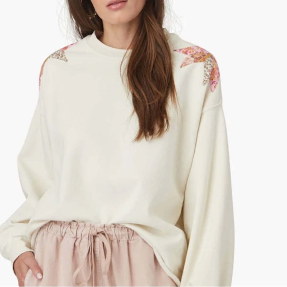 Xirena Estella Star-Appliquéd Quilt Cotton Cropped Sweatshirt Snowdrop Sz XS - Picture 12 of 13